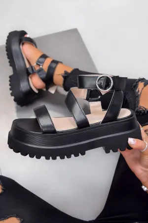 AELA Chunky Platform Buckle Sandals - Black PU
