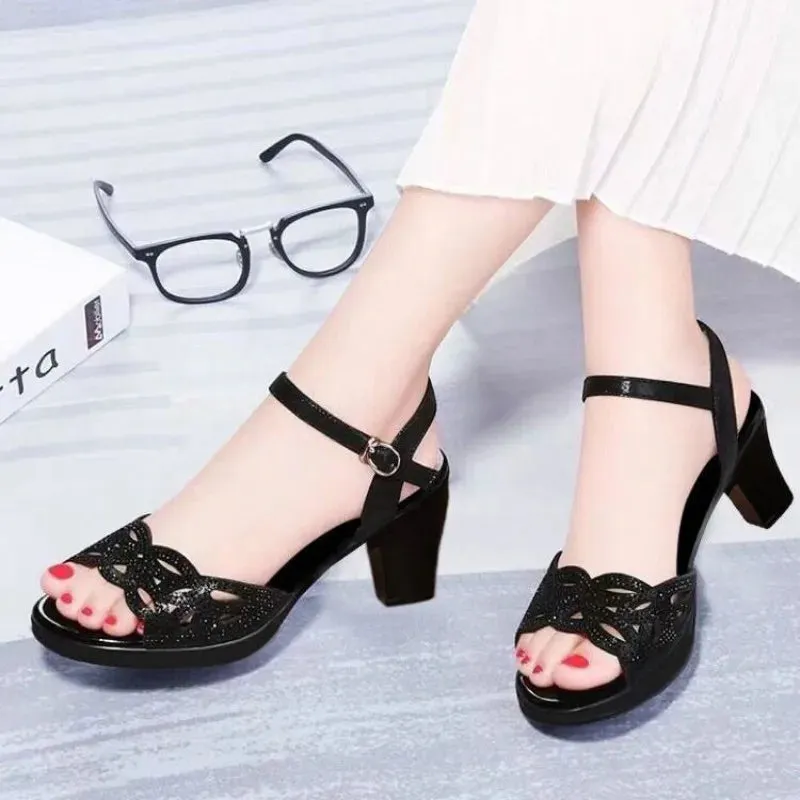 Black Faux Leather Chunky Block Heel Platform Open Toe Sandals