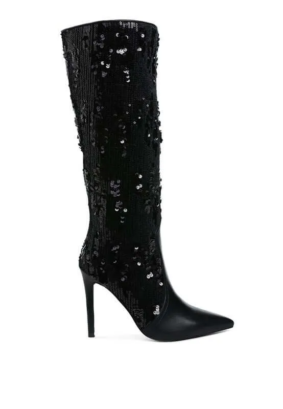 Black Sitarah Sequin Embellished Stiletto Long Boots