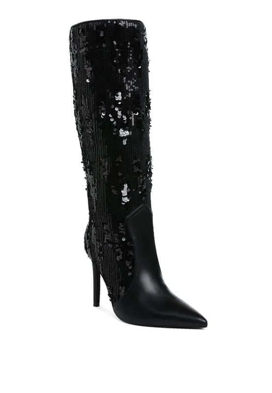 Black Sitarah Sequin Embellished Stiletto Long Boots