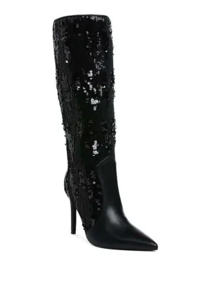 Black Sitarah Sequin Embellished Stiletto Long Boots