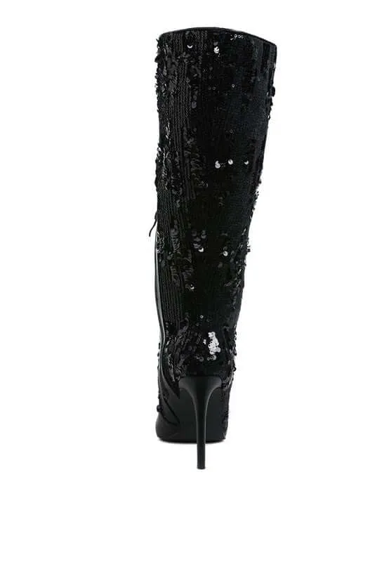 Black Sitarah Sequin Embellished Stiletto Long Boots