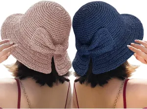 Foldable Wide Brim Floppy Straw Beach Sun Hat,Summer Cap with Bowknot for Women Girls,Strap Adjustable
