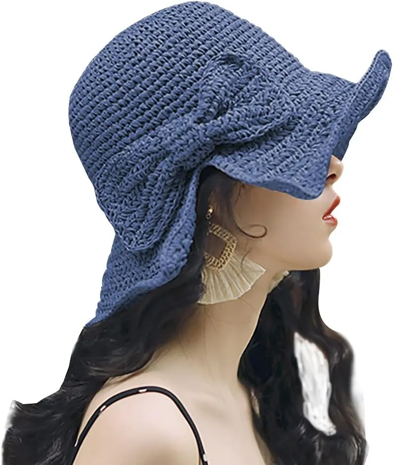 Foldable Wide Brim Floppy Straw Beach Sun Hat,Summer Cap with Bowknot for Women Girls,Strap Adjustable
