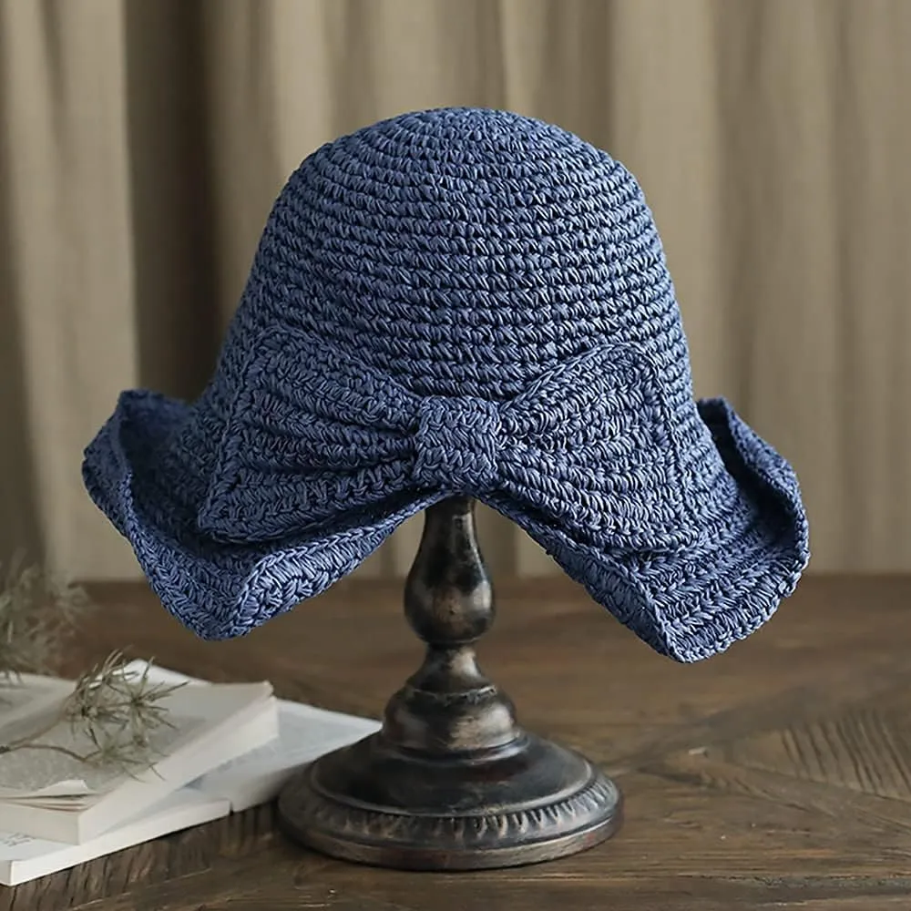 Foldable Wide Brim Floppy Straw Beach Sun Hat,Summer Cap with Bowknot for Women Girls,Strap Adjustable