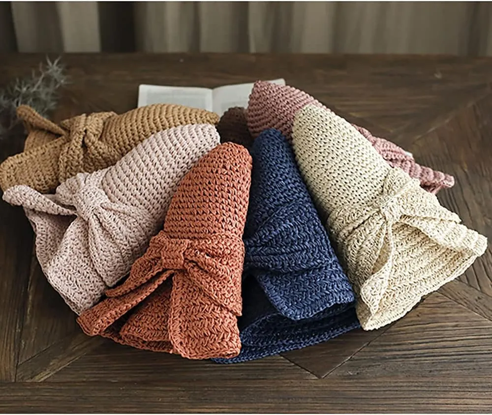 Foldable Wide Brim Floppy Straw Beach Sun Hat,Summer Cap with Bowknot for Women Girls,Strap Adjustable
