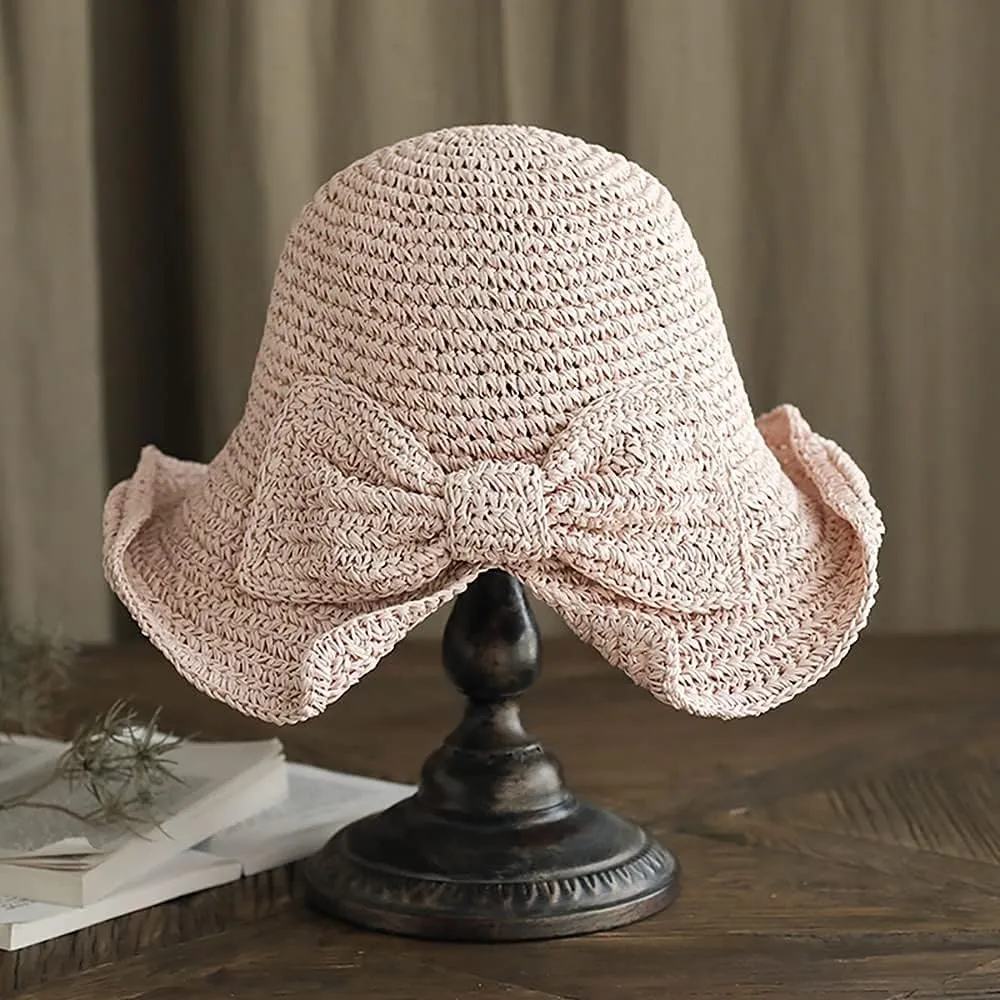 Foldable Wide Brim Floppy Straw Beach Sun Hat,Summer Cap with Bowknot for Women Girls,Strap Adjustable