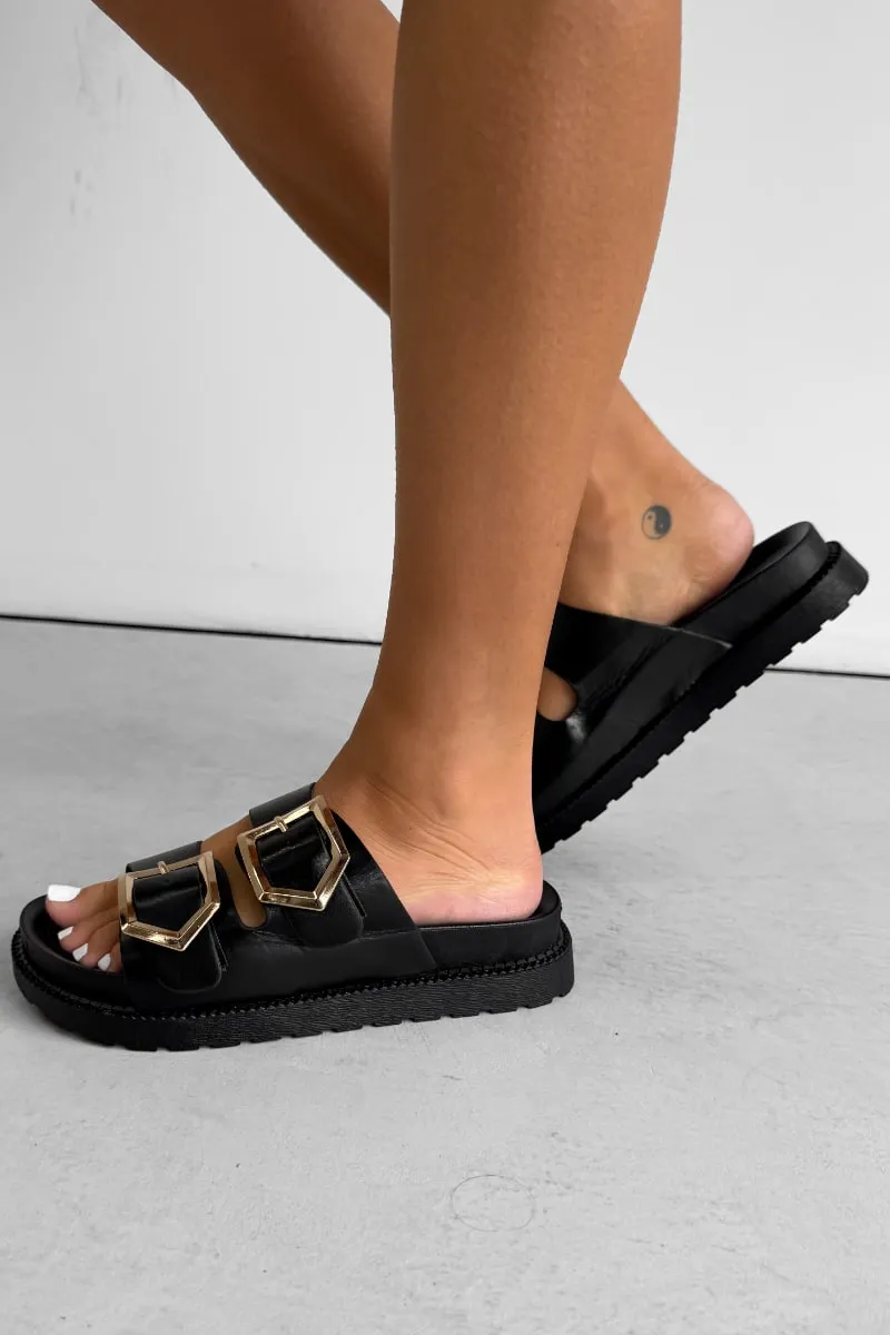 HANNAH Chunky Studded Buckle Sandals - Black