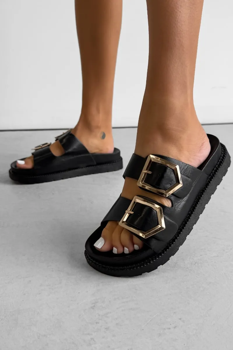 HANNAH Chunky Studded Buckle Sandals - Black
