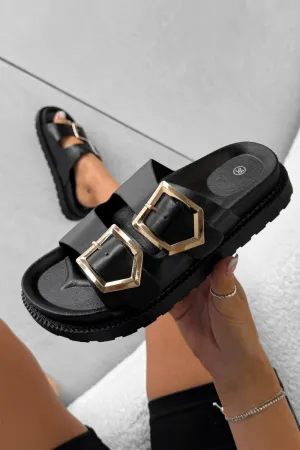 HANNAH Chunky Studded Buckle Sandals - Black