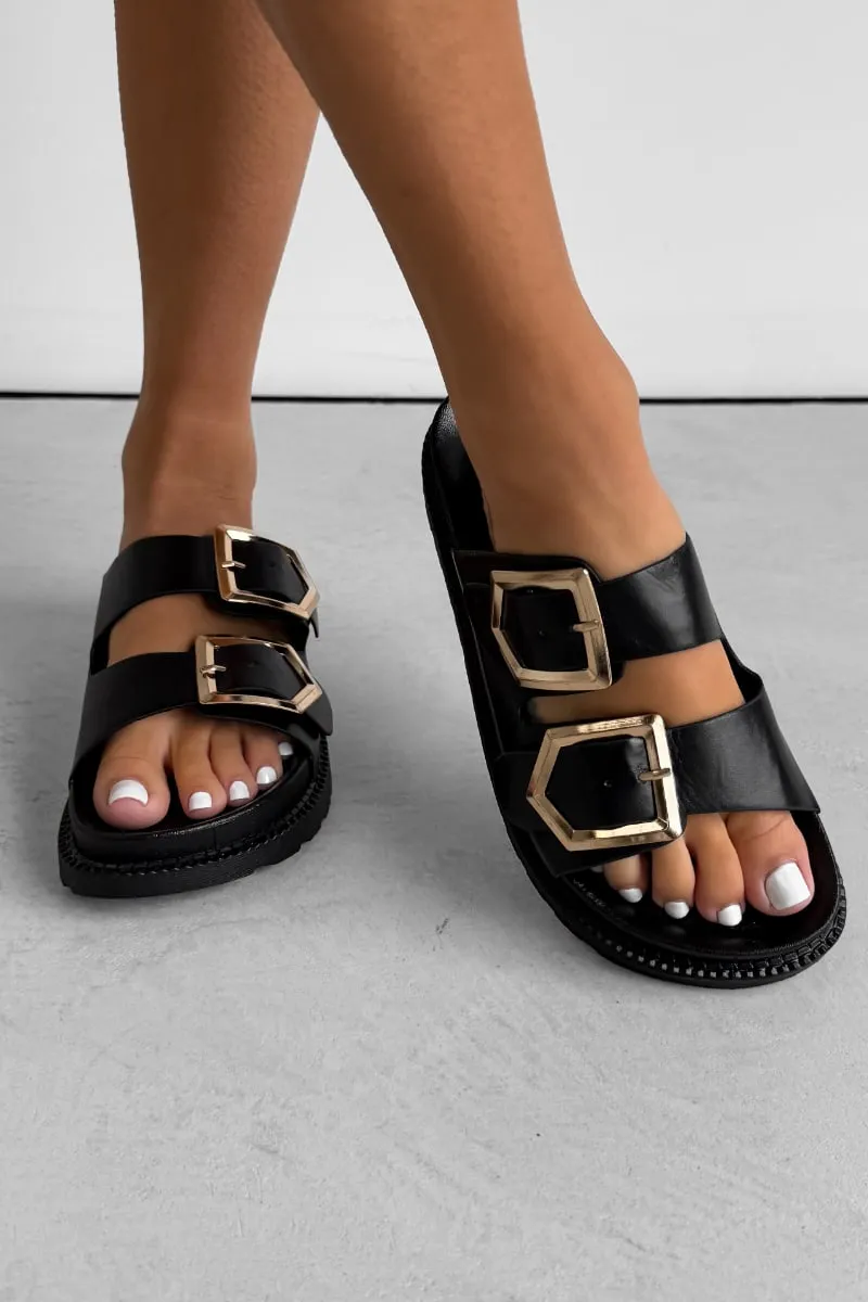 HANNAH Chunky Studded Buckle Sandals - Black
