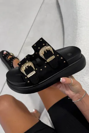 HAZEL Chunky Studded Buckle Sandals - Black