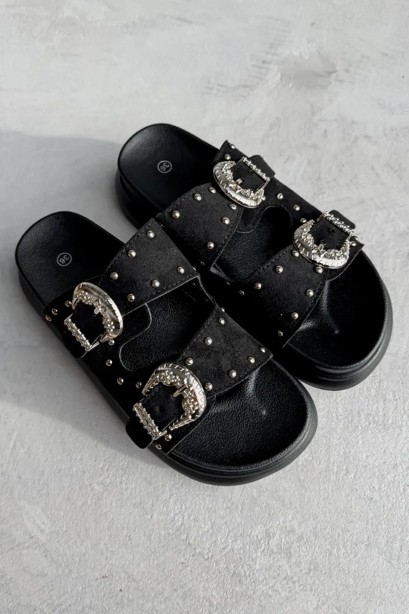 HAZEL Chunky Studded Buckle Sandals - Black