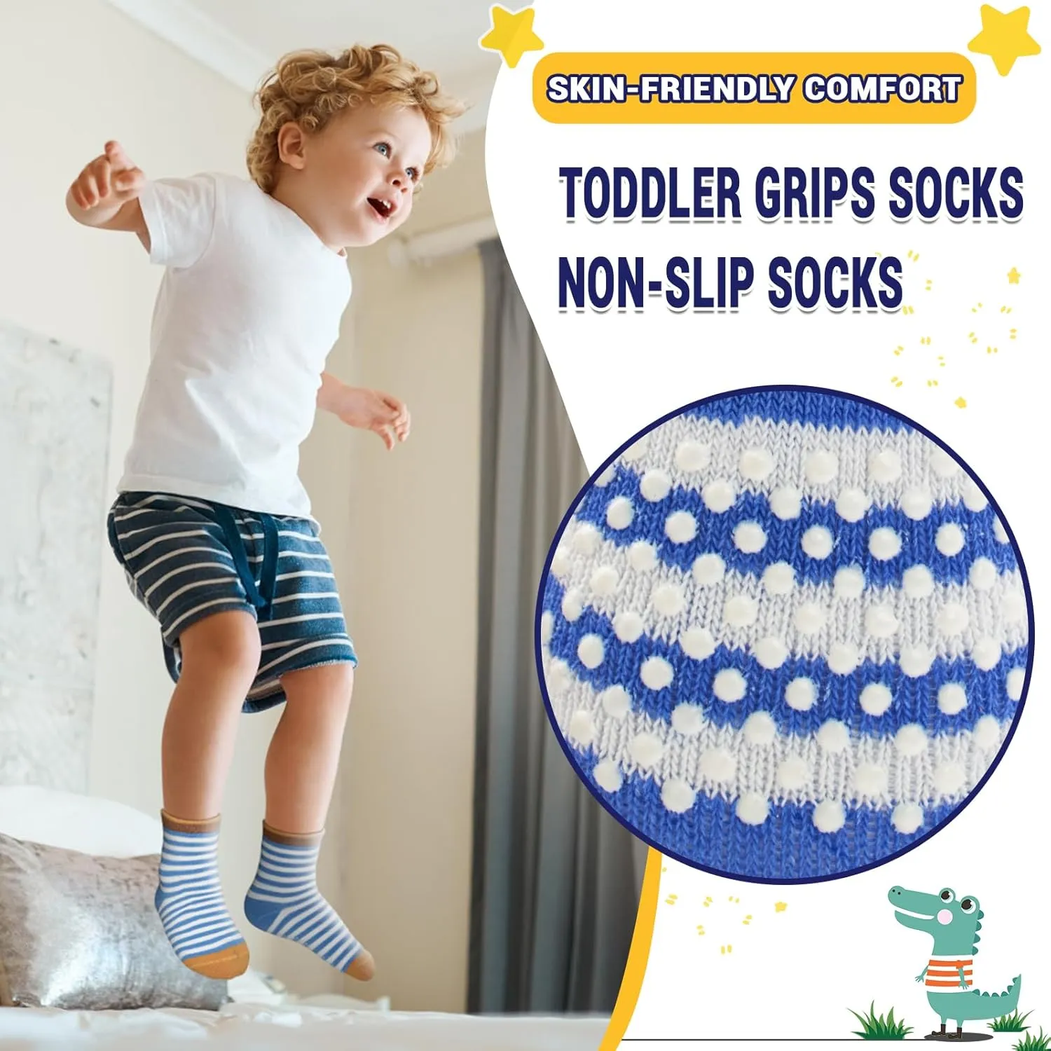 HYCLES Anti Slip Toddler Socks, 12 Pairs Non-Skid Cotton Grip Kid Socks for 1-7T Boy Girl 6-12 Month Baby