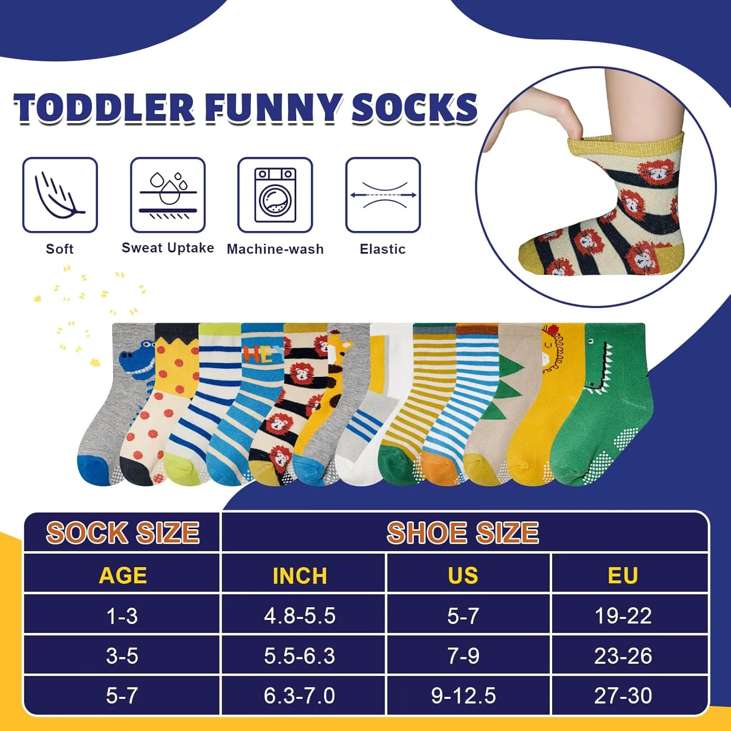 HYCLES Anti Slip Toddler Socks, 12 Pairs Non-Skid Cotton Grip Kid Socks for 1-7T Boy Girl 6-12 Month Baby