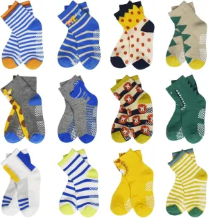 HYCLES Anti Slip Toddler Socks, 12 Pairs Non-Skid Cotton Grip Kid Socks for 1-7T Boy Girl 6-12 Month Baby