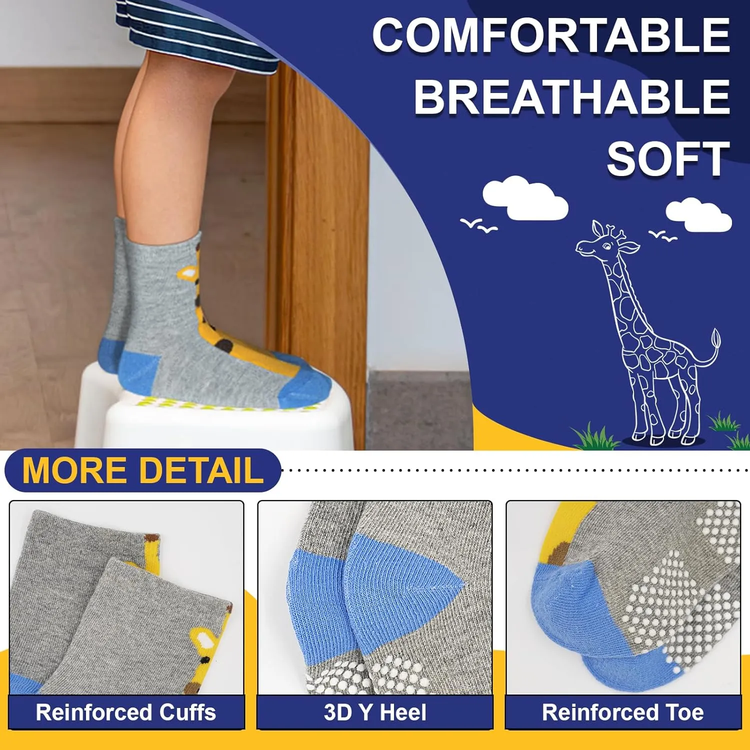 HYCLES Anti Slip Toddler Socks, 12 Pairs Non-Skid Cotton Grip Kid Socks for 1-7T Boy Girl 6-12 Month Baby