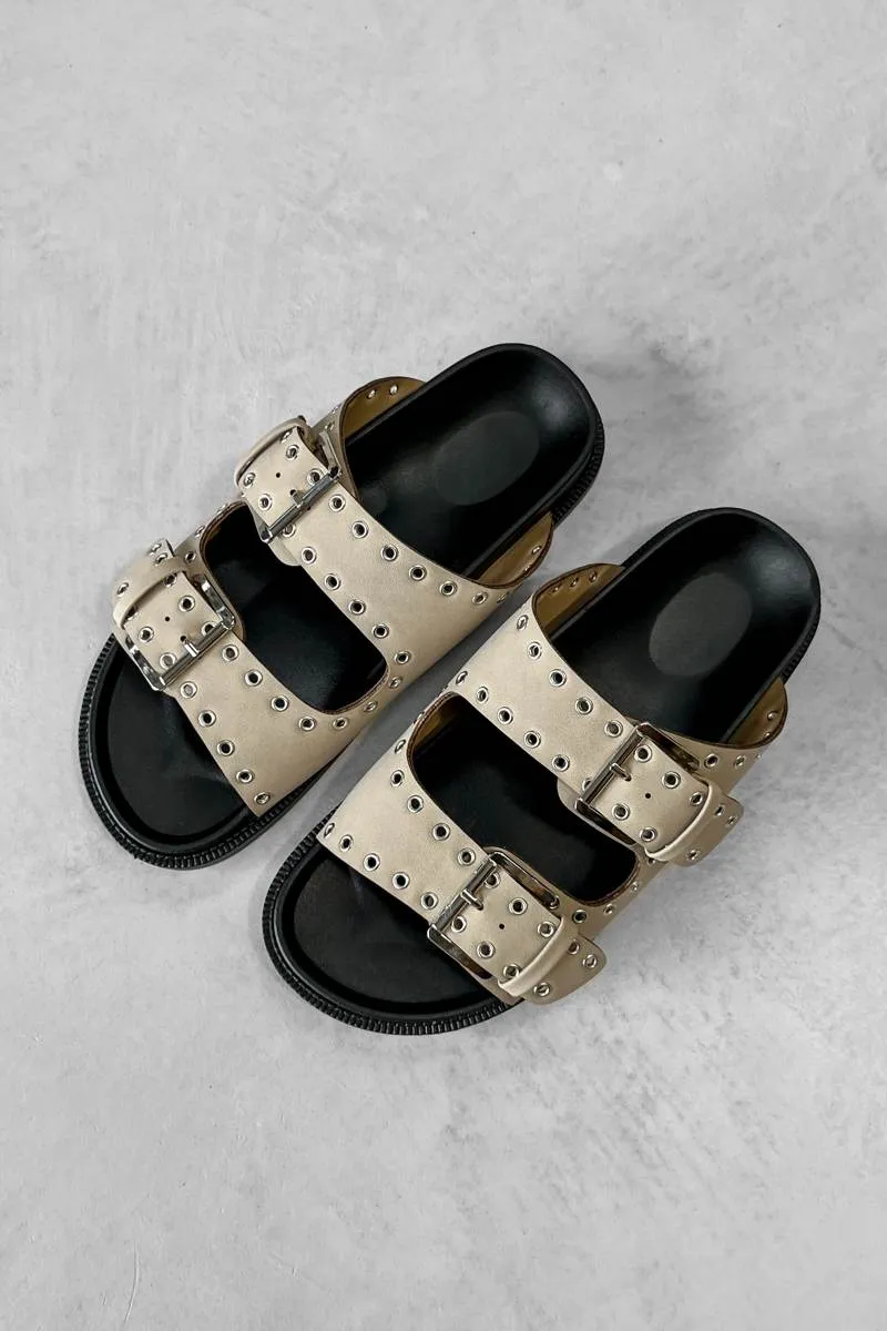 MALIA Chunky Eyelet Slider Sandals - Taupe