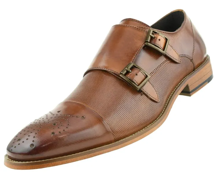 Men's Ag1101 Tan Monkstrap Shoes Calf Leather Brogue Design