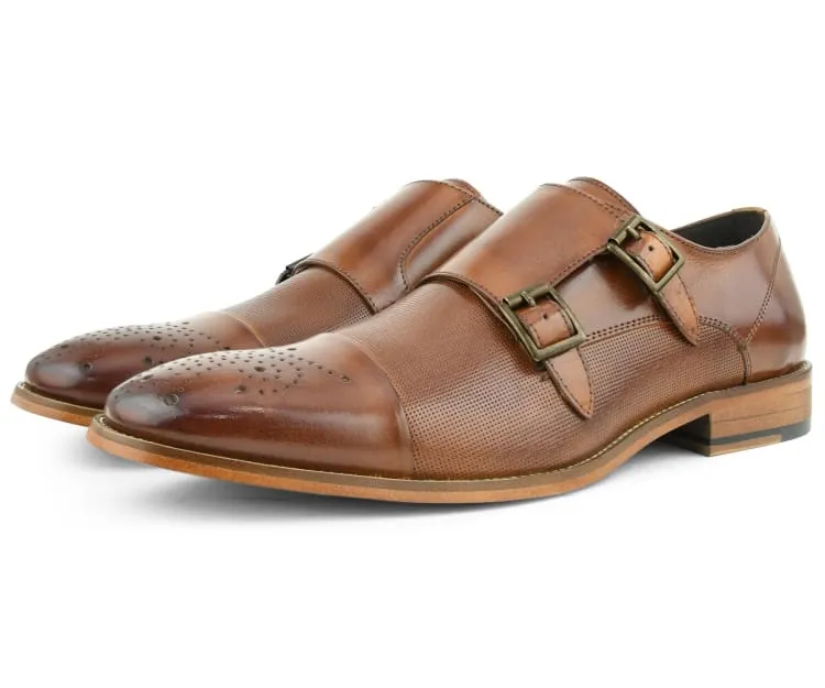 Men's Ag1101 Tan Monkstrap Shoes Calf Leather Brogue Design