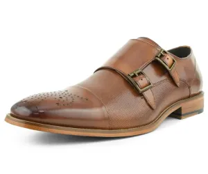 Men's Ag1101 Tan Monkstrap Shoes Calf Leather Brogue Design