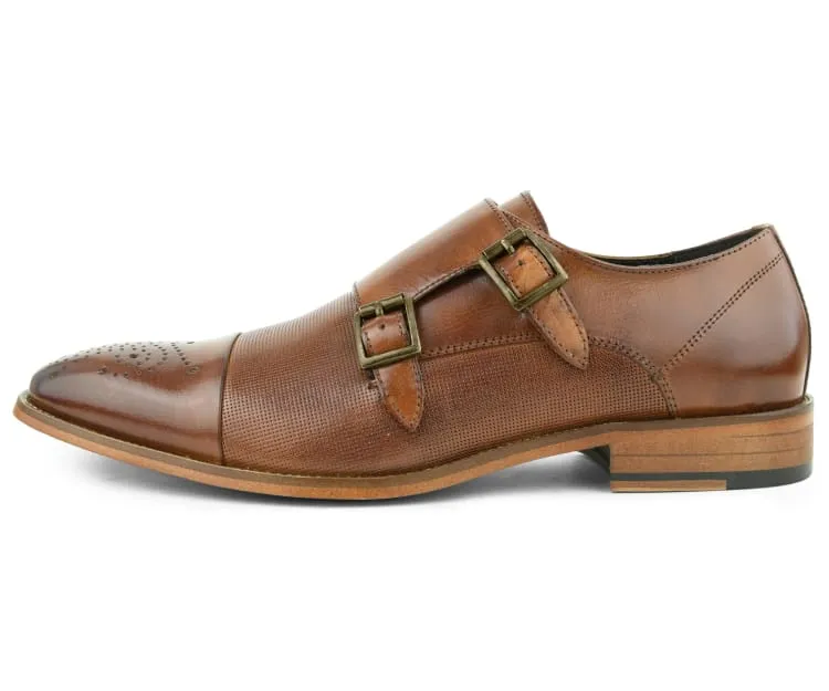Men's Ag1101 Tan Monkstrap Shoes Calf Leather Brogue Design