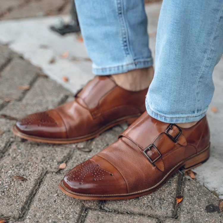 Men's Ag1101 Tan Monkstrap Shoes Calf Leather Brogue Design