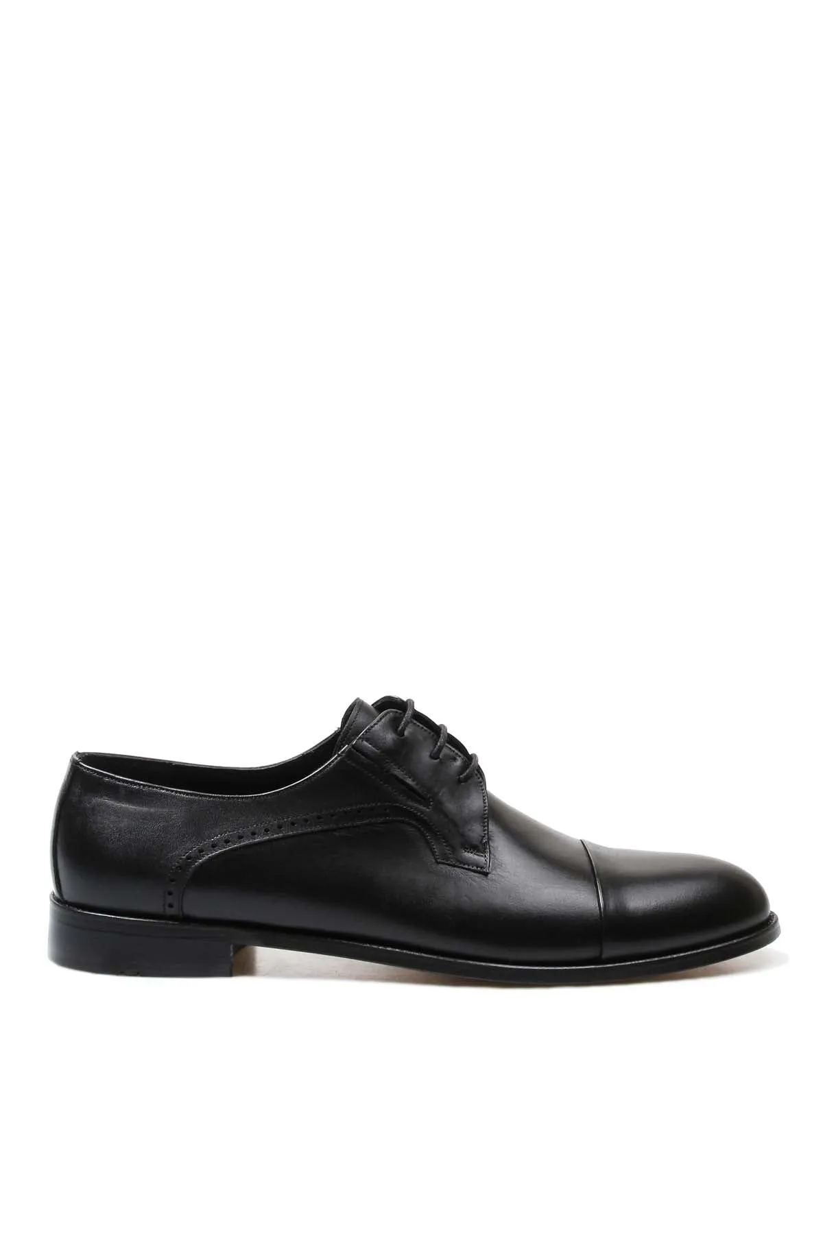 Men's Black Leather Derby Shoes with Brogue Detailing and Cap Toe - Wessi