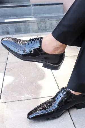 Men's Black Patent Leather Derby Shoes with Croc-Embossed Detailing - Wessi