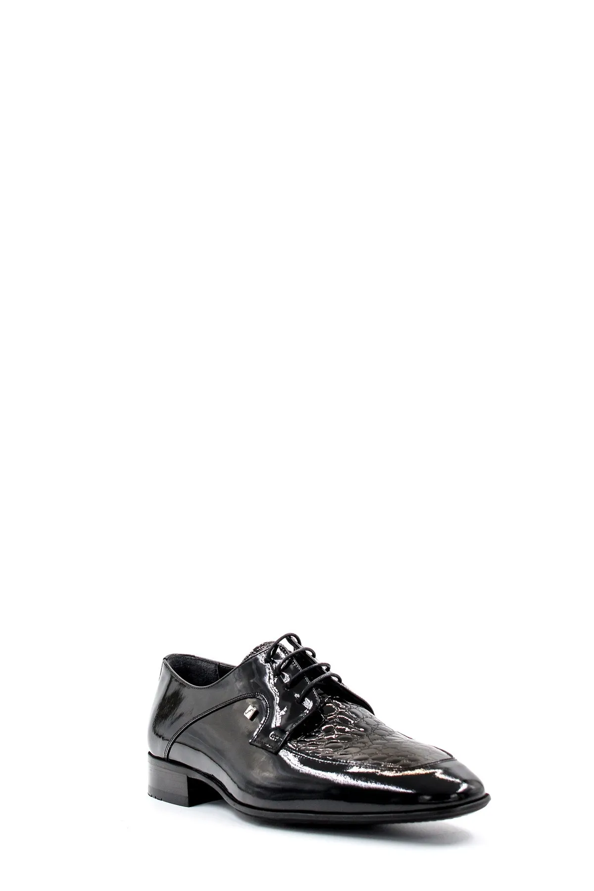 Men's Black Patent Leather Derby Shoes with Croc-Embossed Detailing - Wessi