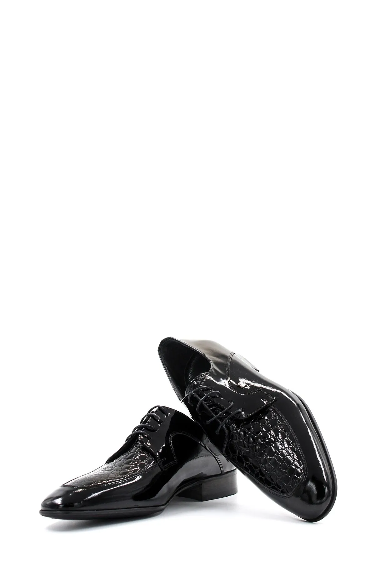Men's Black Patent Leather Derby Shoes with Croc-Embossed Detailing - Wessi
