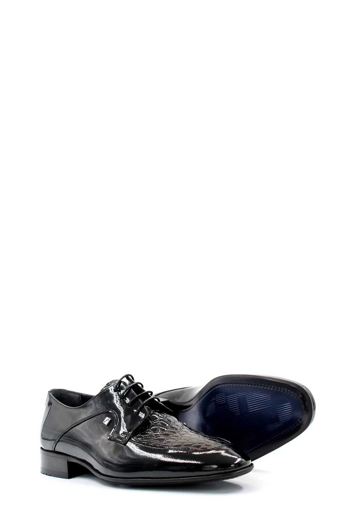 Men's Black Patent Leather Derby Shoes with Croc-Embossed Detailing - Wessi