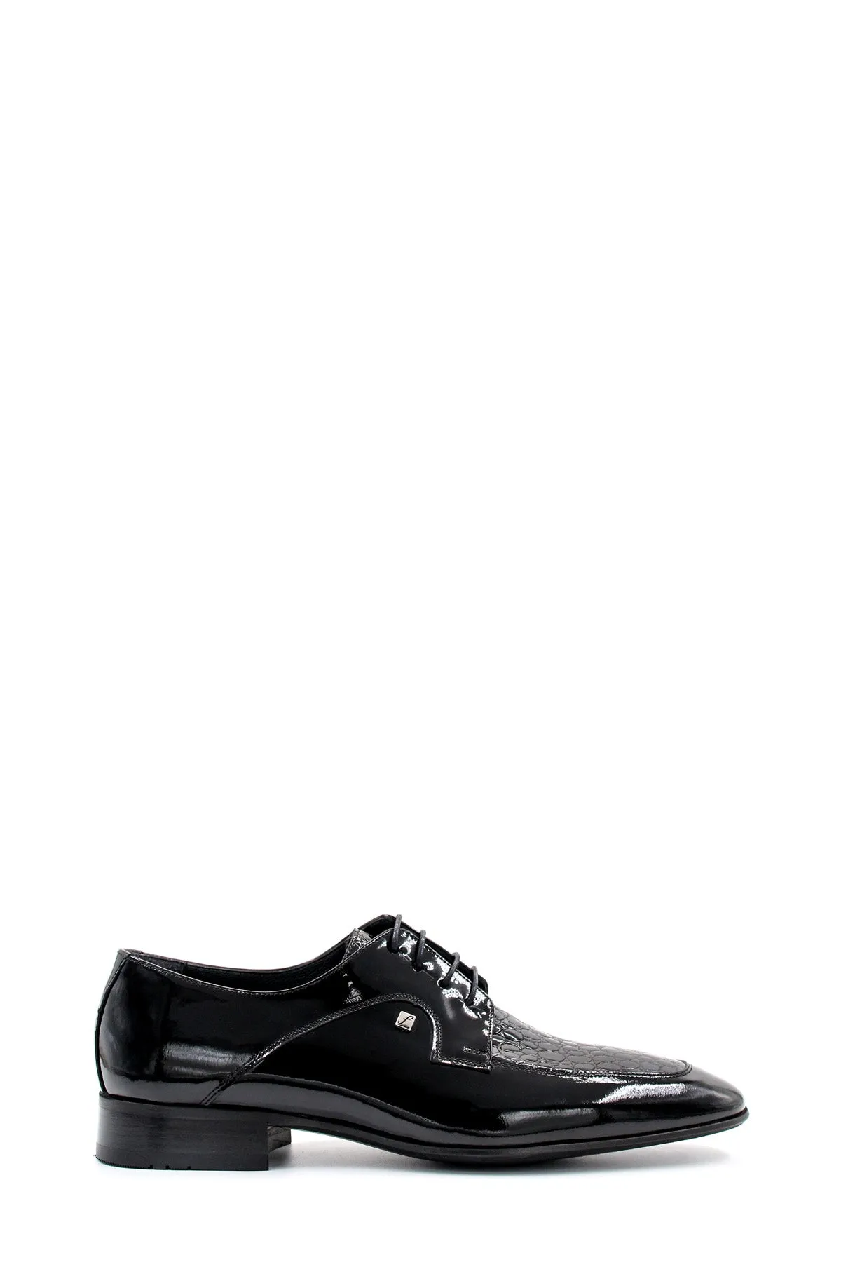Men's Black Patent Leather Derby Shoes with Croc-Embossed Detailing - Wessi