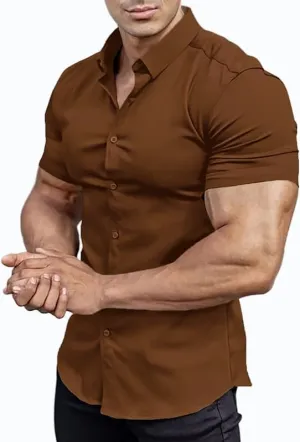 Men??s Muscle Fit Dress Shirts Athletic Slim Fit Short Sleeve Stretch Casual Button Down Shirt