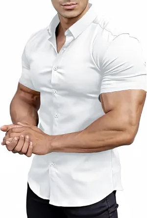 Men??s Muscle Fit Dress Shirts Athletic Slim Fit Short Sleeve Stretch Casual Button Down Shirt