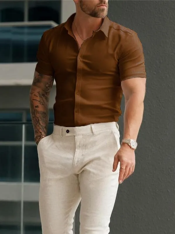 Men??s Muscle Fit Dress Shirts Athletic Slim Fit Short Sleeve Stretch Casual Button Down Shirt