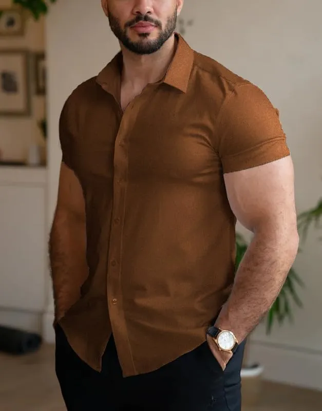 Men??s Muscle Fit Dress Shirts Athletic Slim Fit Short Sleeve Stretch Casual Button Down Shirt
