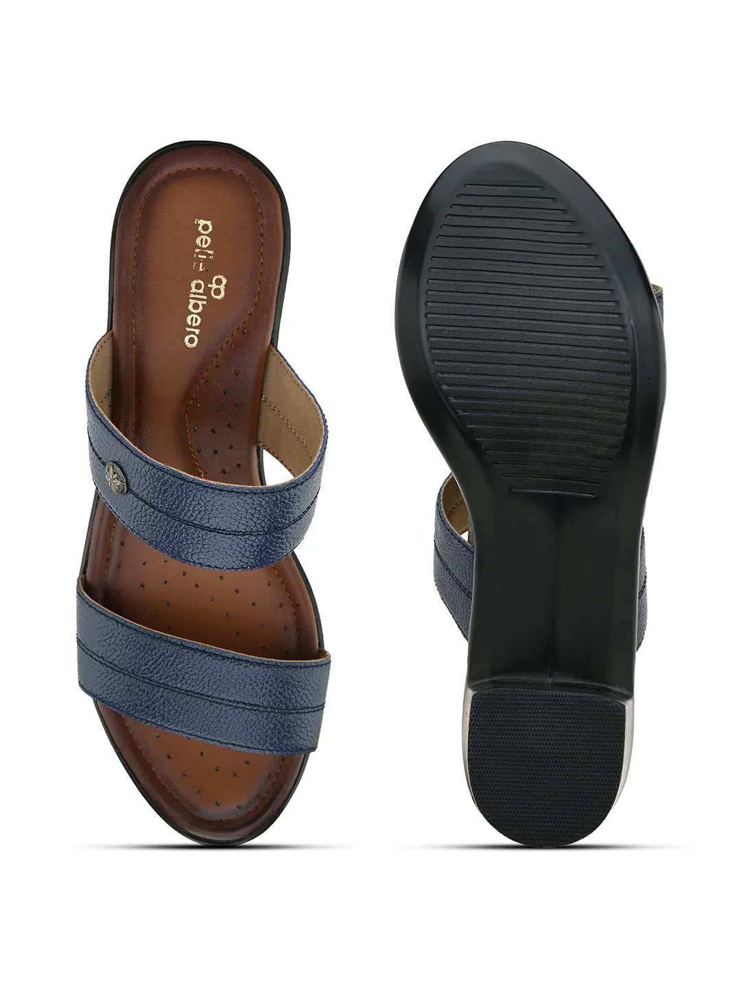 Pelle Albero Women's Blue Leather Slip-On Block Heel Sandals