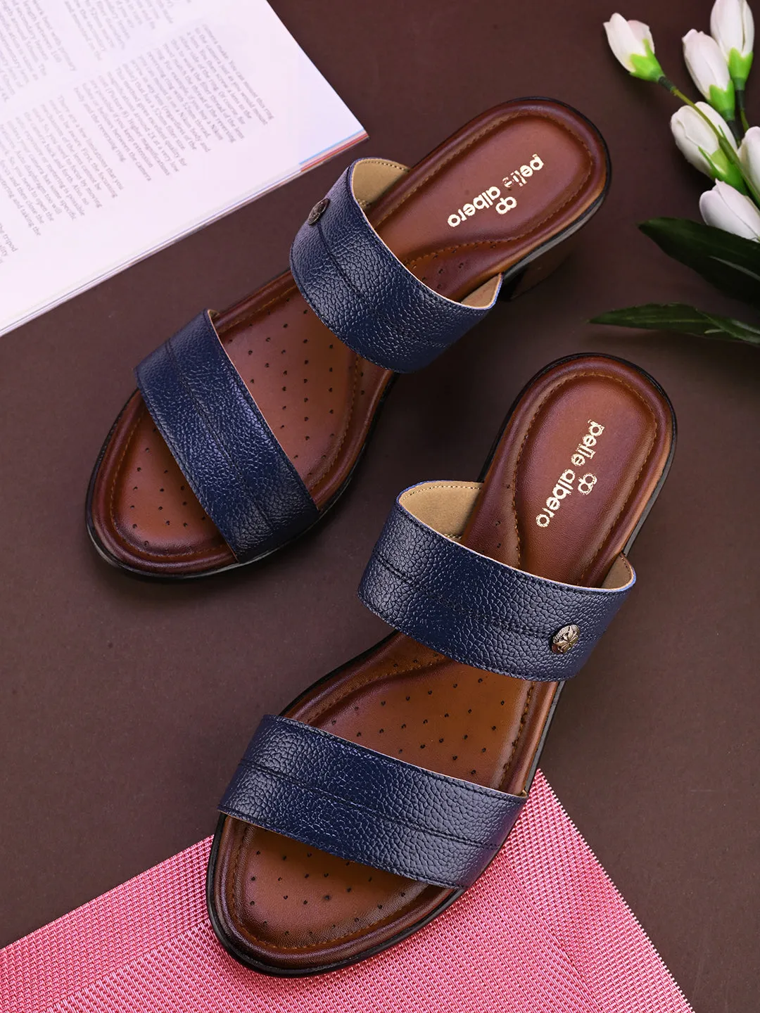 Pelle Albero Women's Blue Leather Slip-On Block Heel Sandals