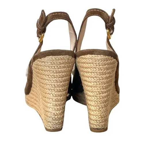 PRADA Brown Suede Bow Detail Slingback Espadrille Wedge Sandals, Size 35.5