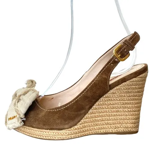 PRADA Brown Suede Bow Detail Slingback Espadrille Wedge Sandals, Size 35.5