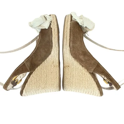 PRADA Brown Suede Bow Detail Slingback Espadrille Wedge Sandals, Size 35.5