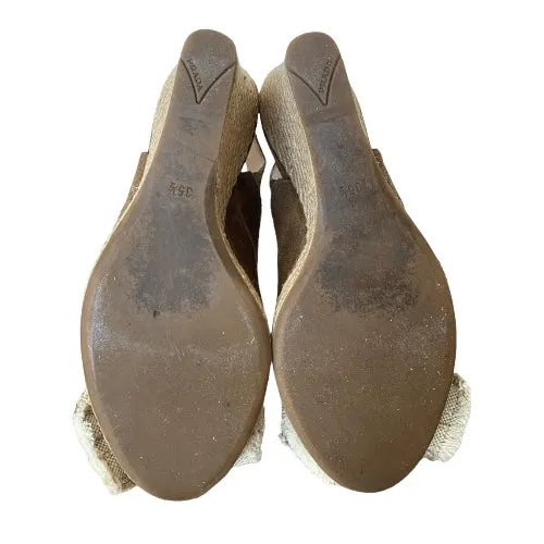 PRADA Brown Suede Bow Detail Slingback Espadrille Wedge Sandals, Size 35.5