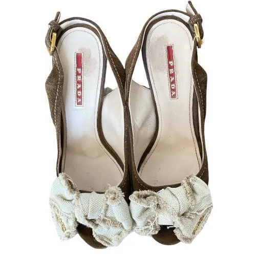 PRADA Brown Suede Bow Detail Slingback Espadrille Wedge Sandals, Size 35.5