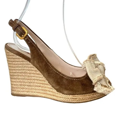 PRADA Brown Suede Bow Detail Slingback Espadrille Wedge Sandals, Size 35.5