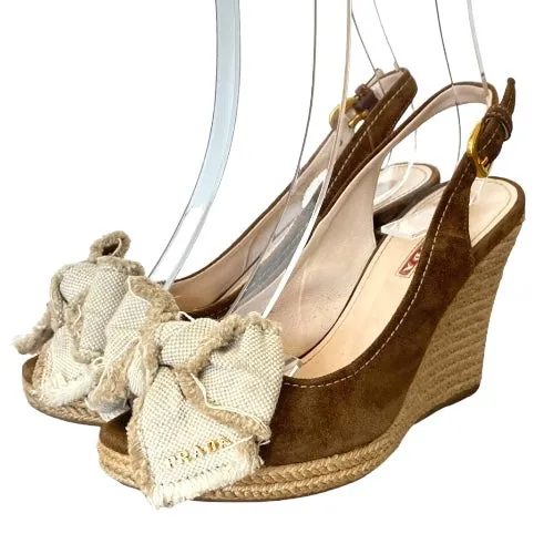 PRADA Brown Suede Bow Detail Slingback Espadrille Wedge Sandals, Size 35.5