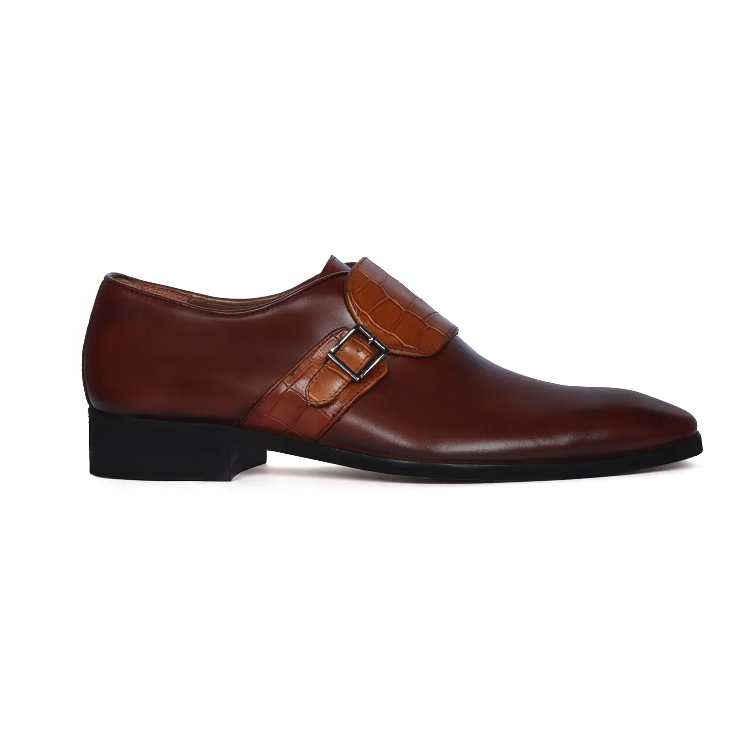 Single Monk Tan Croco Print Leather Buckled Strap Men's Brown Formal Shoes By Brune & Bareskin