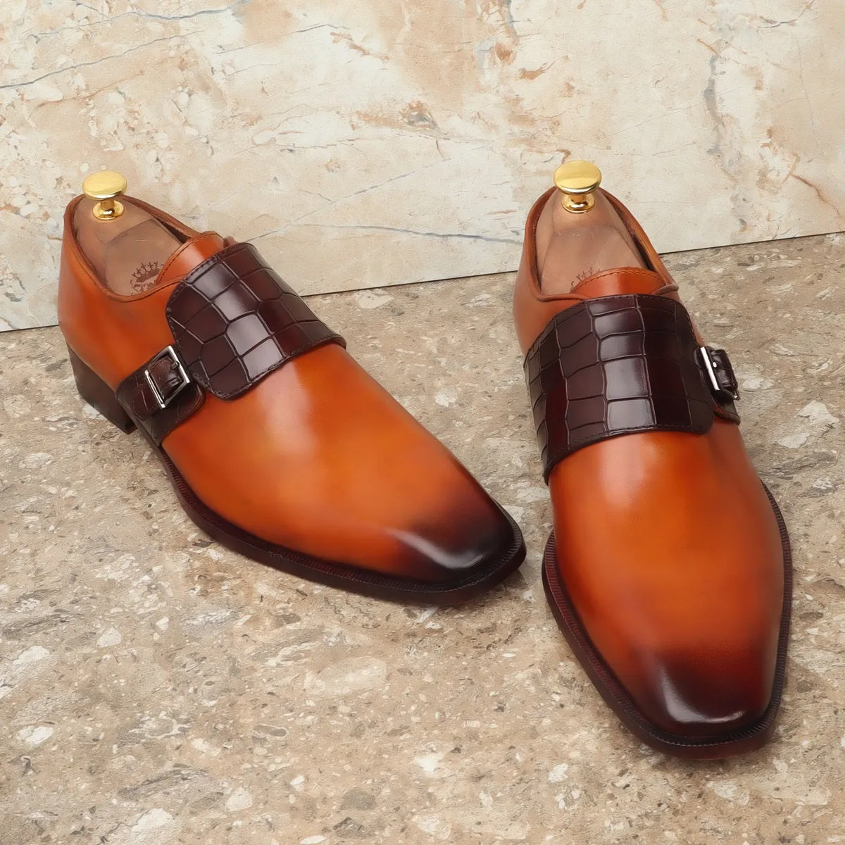 Single Monk Tan-Dark Brown Croco Leather Strap Shoes by Brune & Bareskin