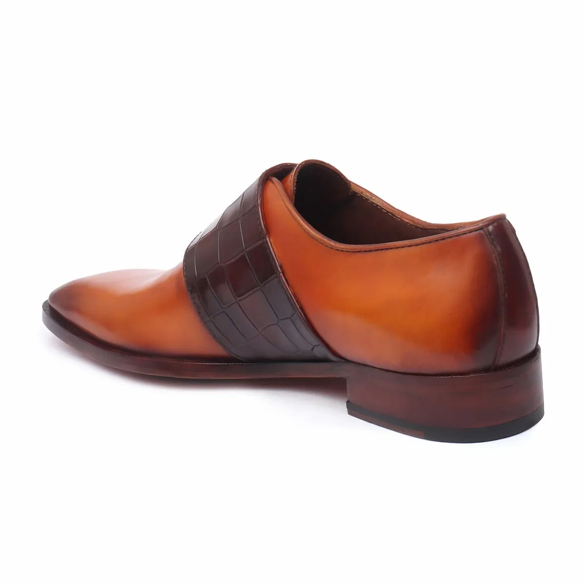 Single Monk Tan-Dark Brown Croco Leather Strap Shoes by Brune & Bareskin