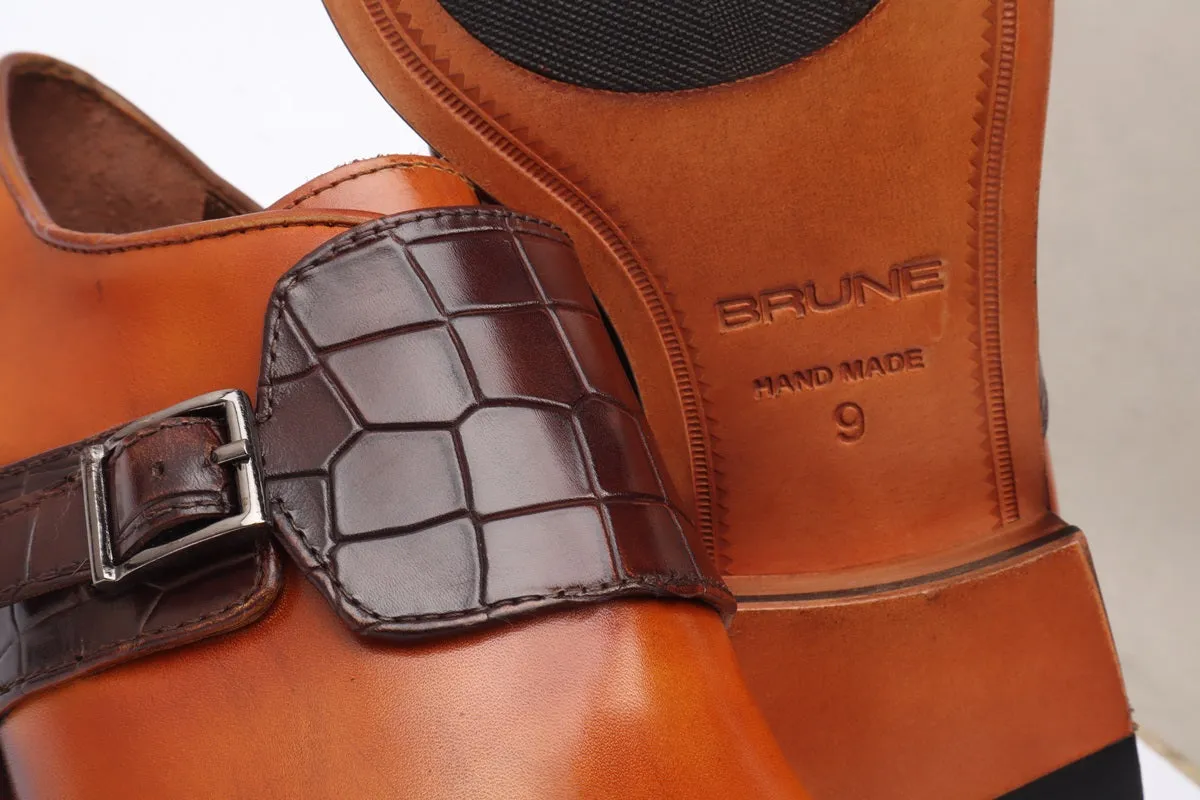 Single Monk Tan-Dark Brown Croco Leather Strap Shoes by Brune & Bareskin